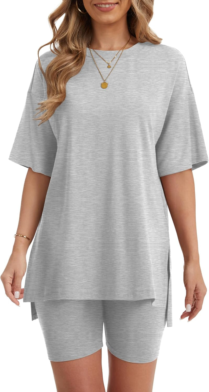 Women'S 2 Piece Lounge Sets 2026 Casual Summer Airport Travel Outfits Oversized Shirts Biker Shorts Matching Clothing