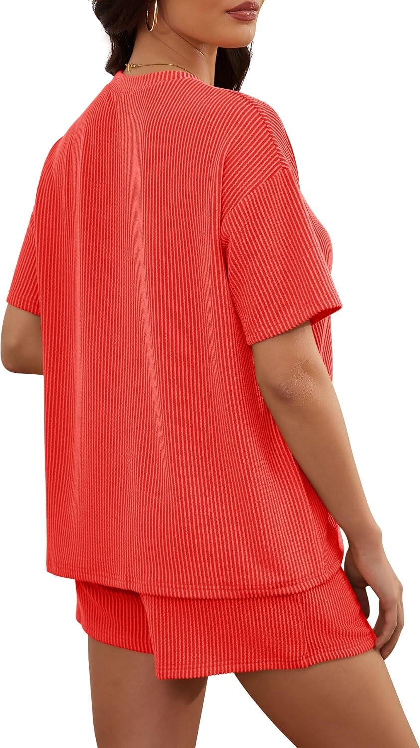 Women'S 2 Piece Sets Short Sleeve Outfits Ribbed Textured Knit Lounge Shorts Set Oversized Tracksuit Matching Sets