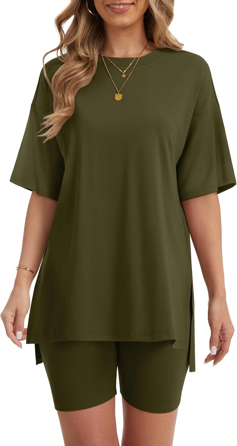 Women'S 2 Piece Lounge Sets 2026 Casual Summer Airport Travel Outfits Oversized Shirts Biker Shorts Matching Clothing