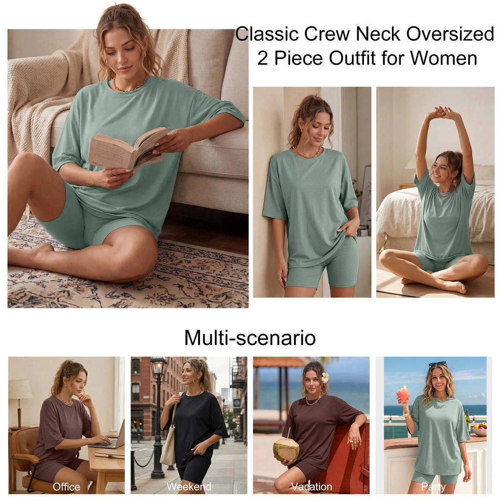 2 Piece Outfit for Women Lounge Sets Oversized Tshirts Matching Biker Short Summer Clothing, Sizes S-2XL