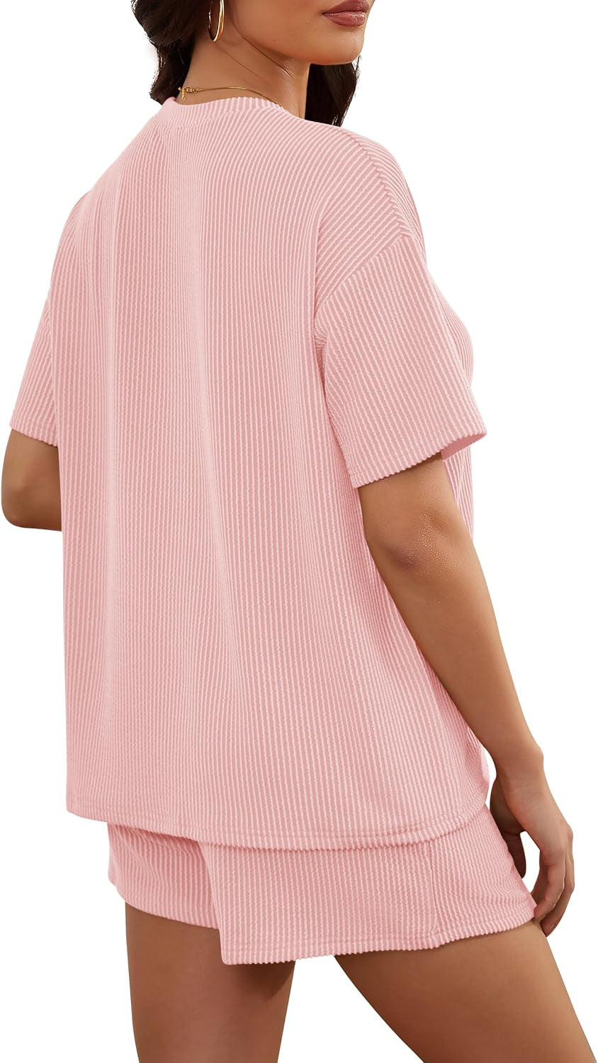 Women'S 2 Piece Sets Short Sleeve Outfits Ribbed Textured Knit Lounge Shorts Set Oversized Tracksuit Matching Sets