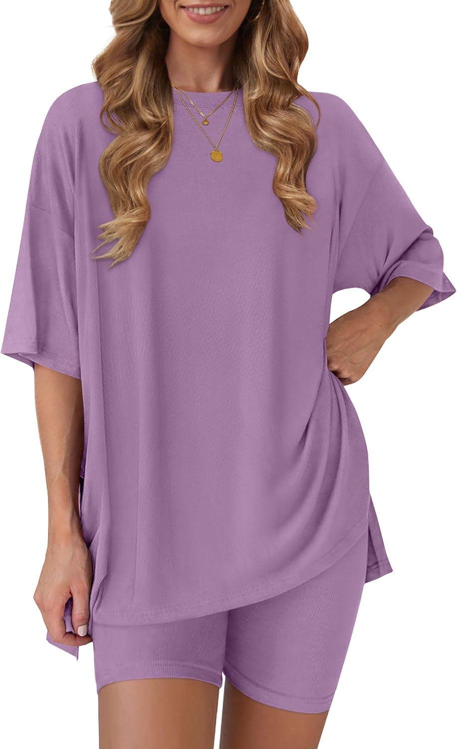 Women'S 2 Piece Lounge Sets 2026 Casual Summer Airport Travel Outfits Oversized Shirts Biker Shorts Matching Clothing