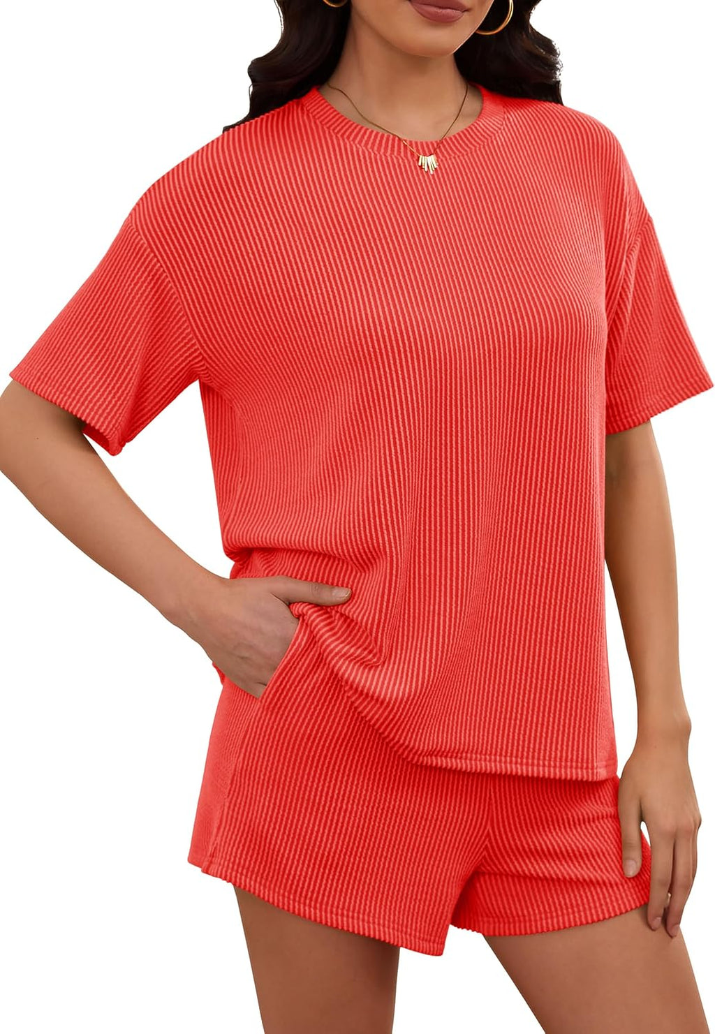 Women'S 2 Piece Sets Short Sleeve Outfits Ribbed Textured Knit Lounge Shorts Set Oversized Tracksuit Matching Sets