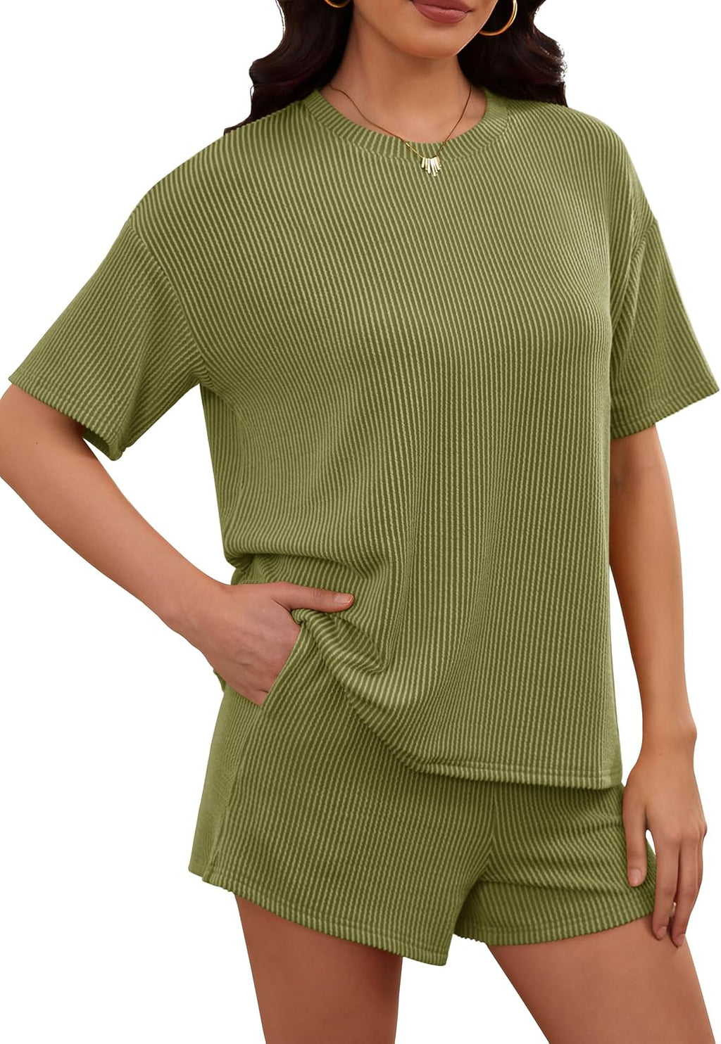 Women'S 2 Piece Sets Short Sleeve Outfits Ribbed Textured Knit Lounge Shorts Set Oversized Tracksuit Matching Sets