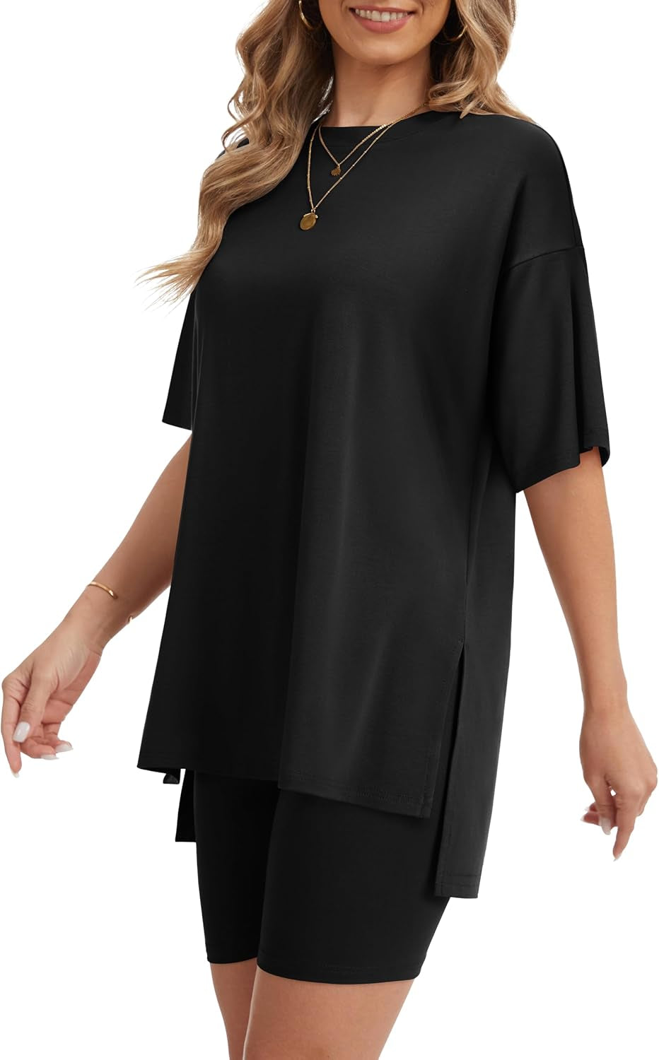 Women'S 2 Piece Lounge Sets 2026 Casual Summer Airport Travel Outfits Oversized Shirts Biker Shorts Matching Clothing