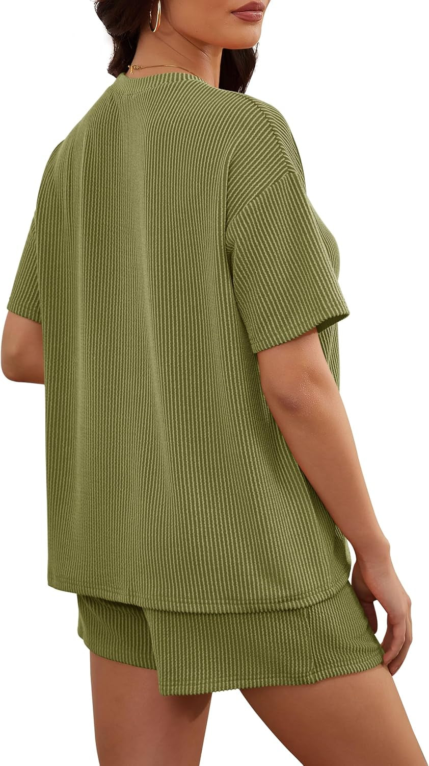 Women'S 2 Piece Sets Short Sleeve Outfits Ribbed Textured Knit Lounge Shorts Set Oversized Tracksuit Matching Sets