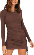Women'S Sexy Club Ruched Long Sleeve Drawstring Mini Bodycon Dress