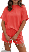 Women'S 2 Piece Sets Short Sleeve Outfits Ribbed Textured Knit Lounge Shorts Set Oversized Tracksuit Matching Sets