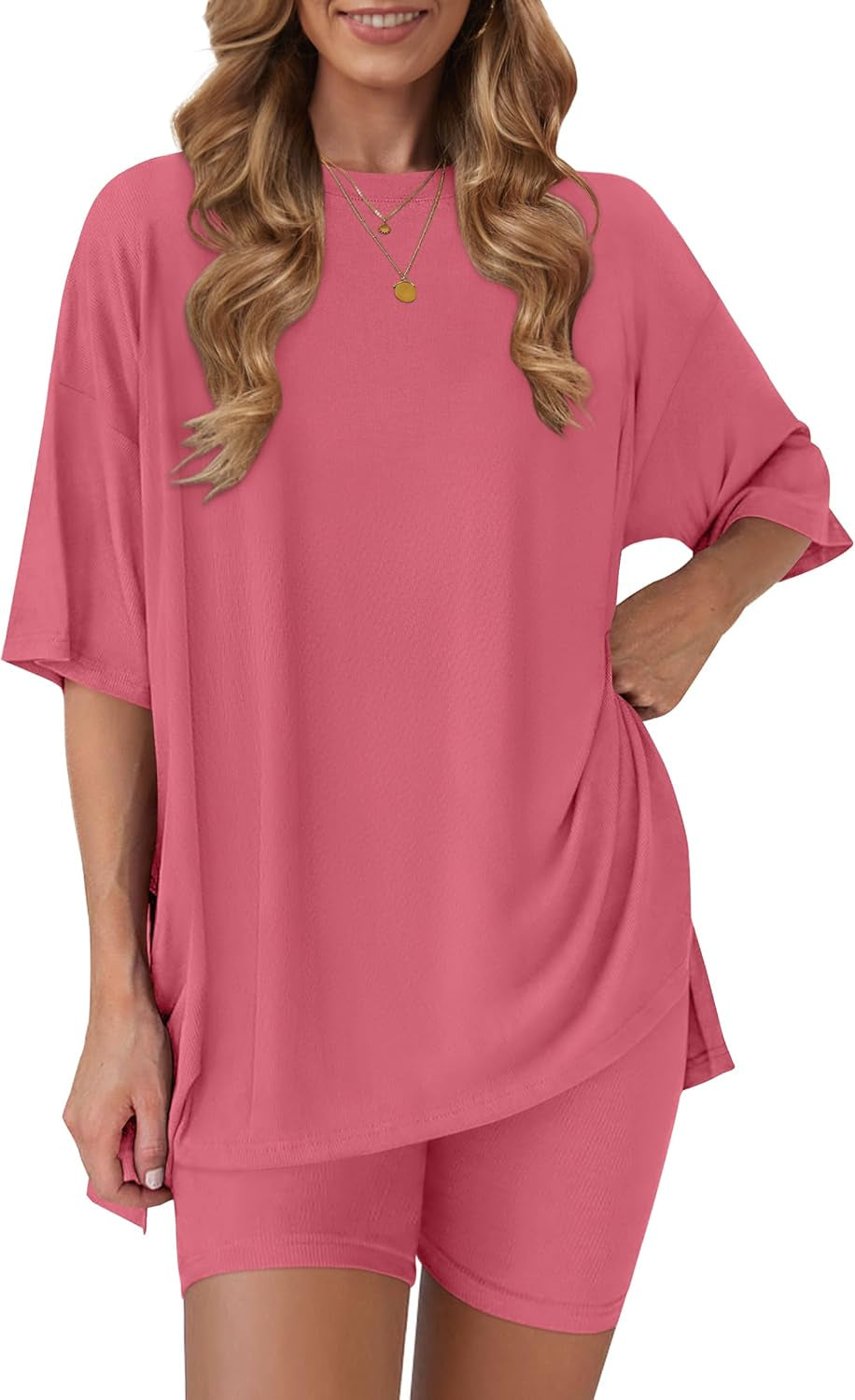 Women'S 2 Piece Lounge Sets 2026 Casual Summer Airport Travel Outfits Oversized Shirts Biker Shorts Matching Clothing