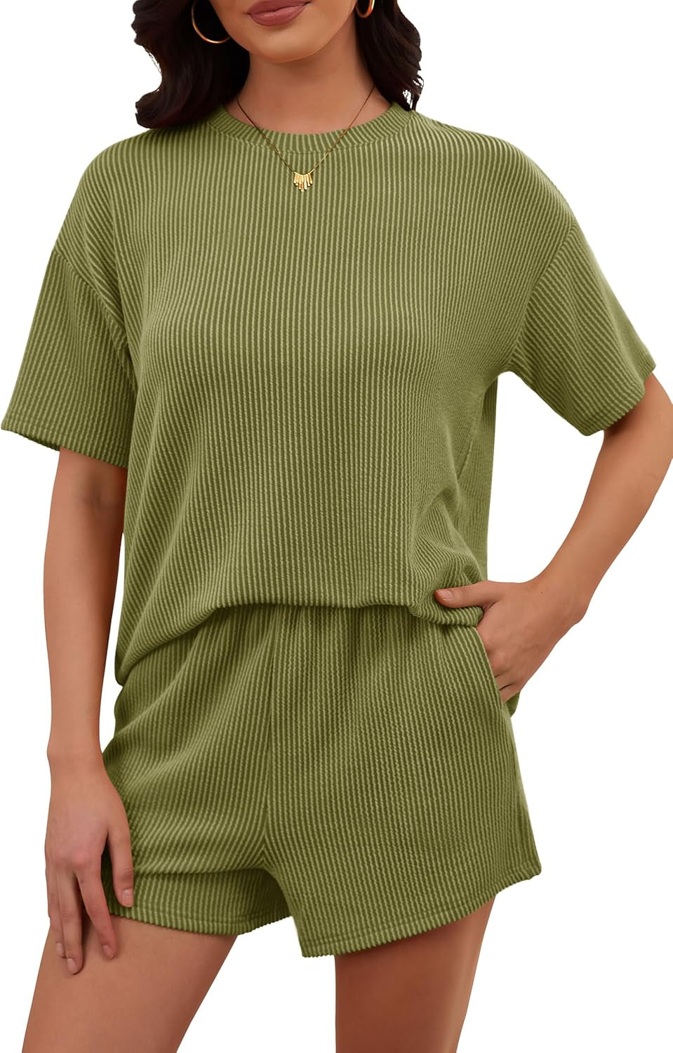 Women'S 2 Piece Sets Short Sleeve Outfits Ribbed Textured Knit Lounge Shorts Set Oversized Tracksuit Matching Sets
