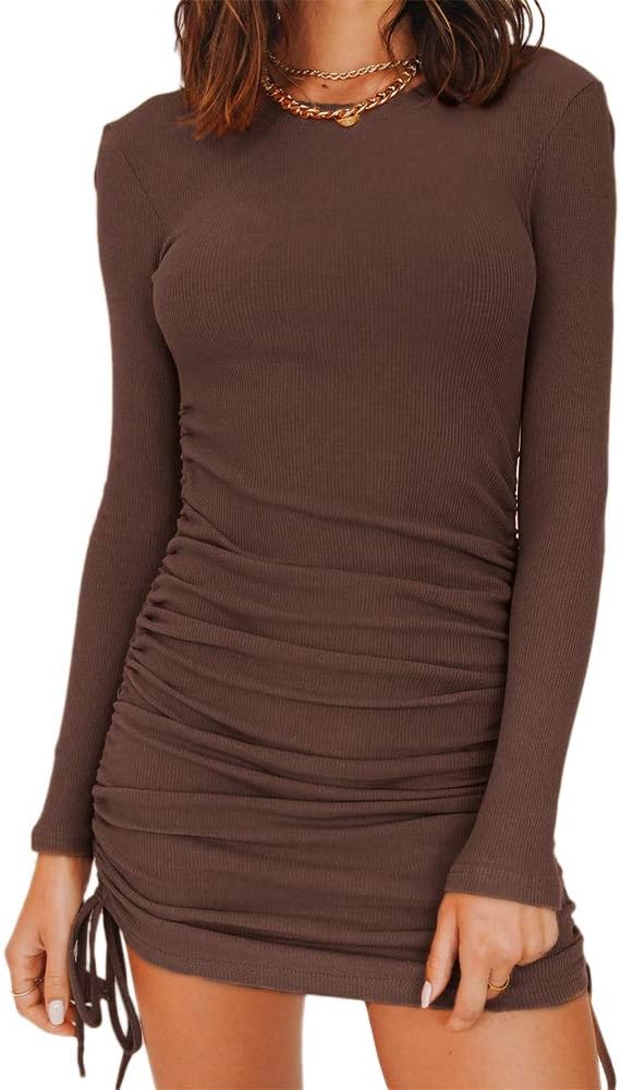 Women'S Sexy Club Ruched Long Sleeve Drawstring Mini Bodycon Dress