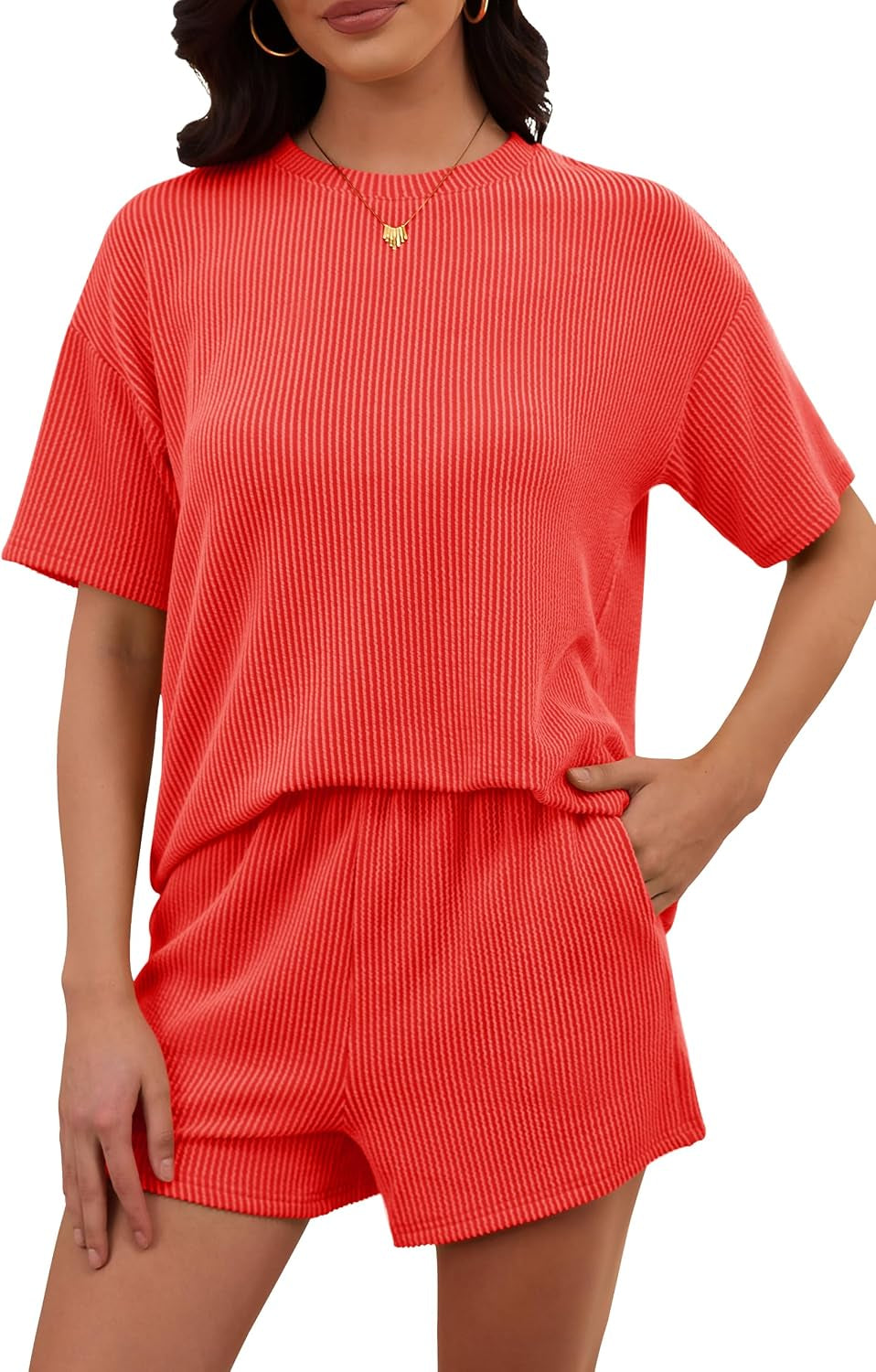Women'S 2 Piece Sets Short Sleeve Outfits Ribbed Textured Knit Lounge Shorts Set Oversized Tracksuit Matching Sets