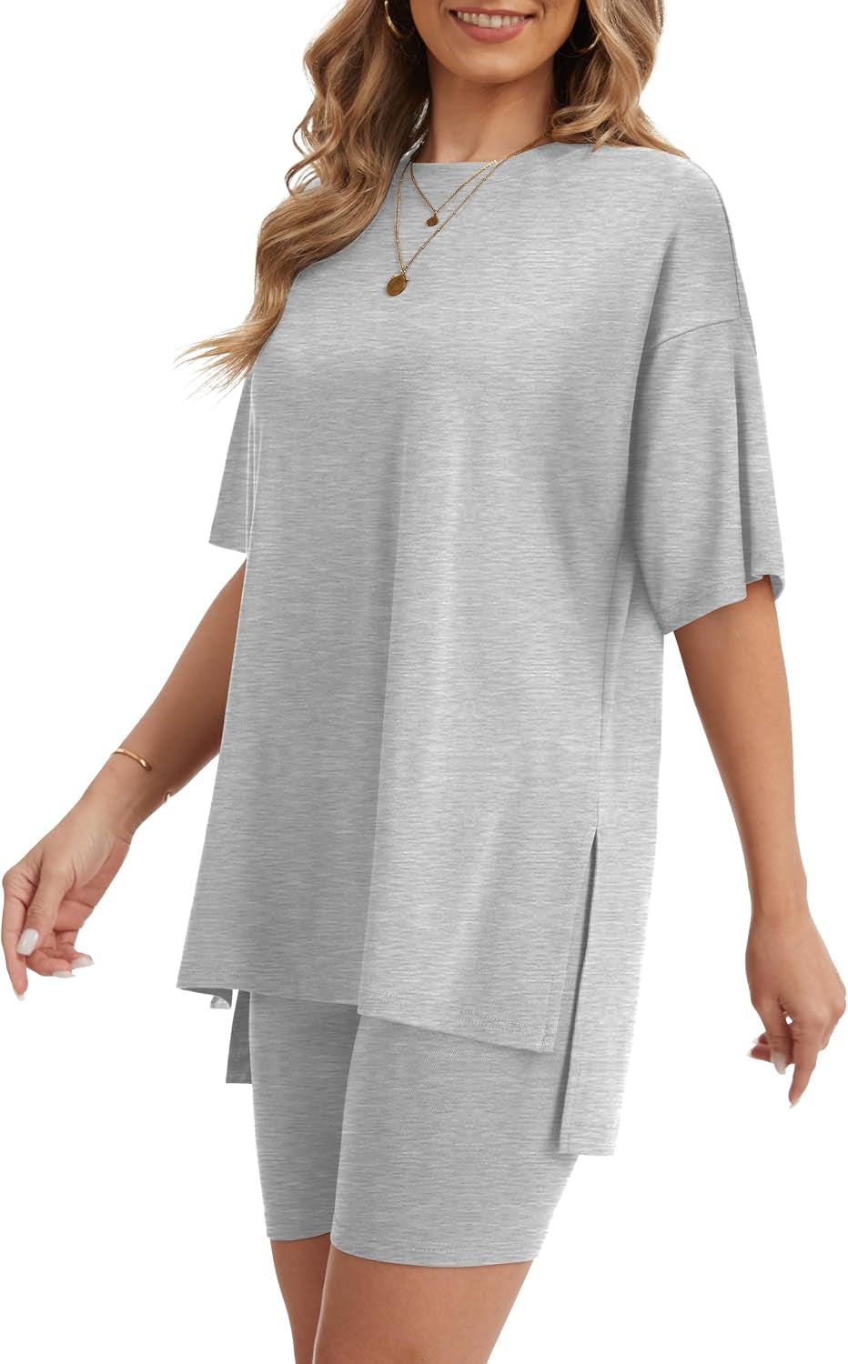 Women'S 2 Piece Lounge Sets 2026 Casual Summer Airport Travel Outfits Oversized Shirts Biker Shorts Matching Clothing
