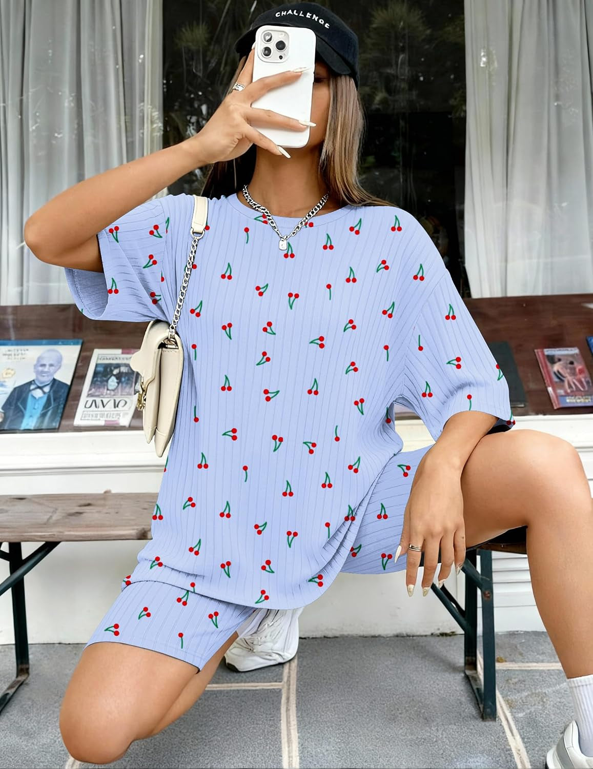 Pajamas 2 Piece Lounge Sets Ribbed Knit Matching Outfits T-Shirt Biker Shorts Sleepwear Loungewear Sweatsuits