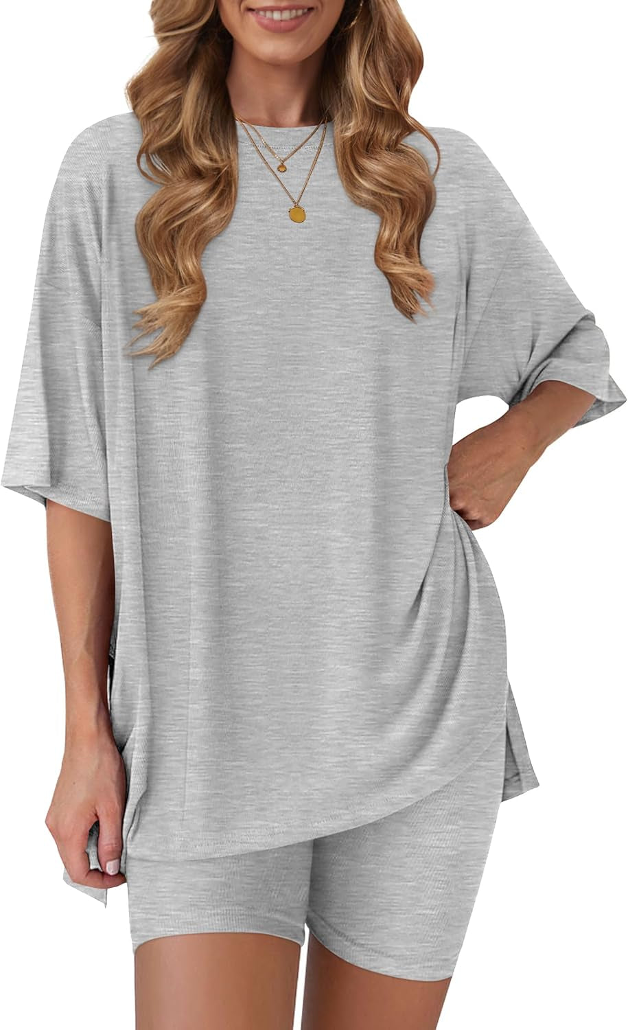 Women'S 2 Piece Lounge Sets 2026 Casual Summer Airport Travel Outfits Oversized Shirts Biker Shorts Matching Clothing