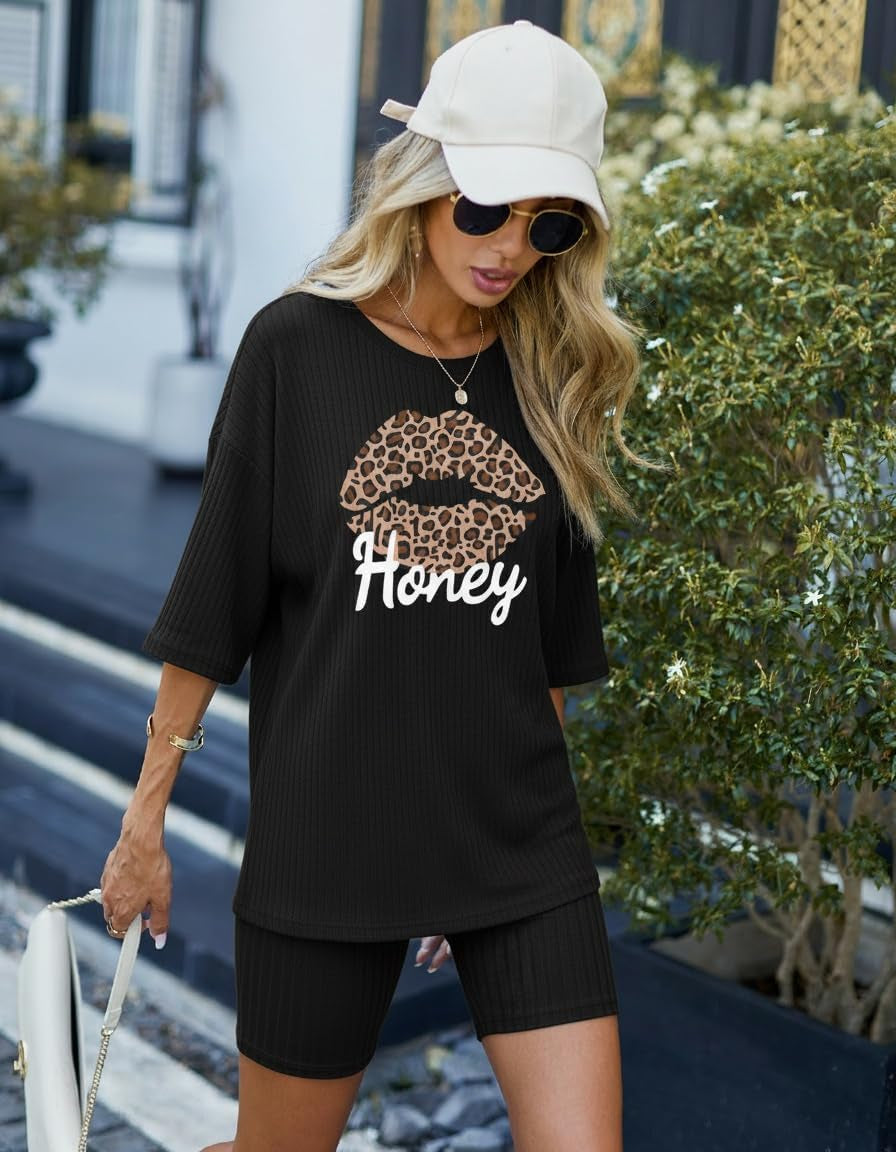 Pajamas 2 Piece Lounge Sets Ribbed Knit Matching Outfits T-Shirt Biker Shorts Sleepwear Loungewear Sweatsuits