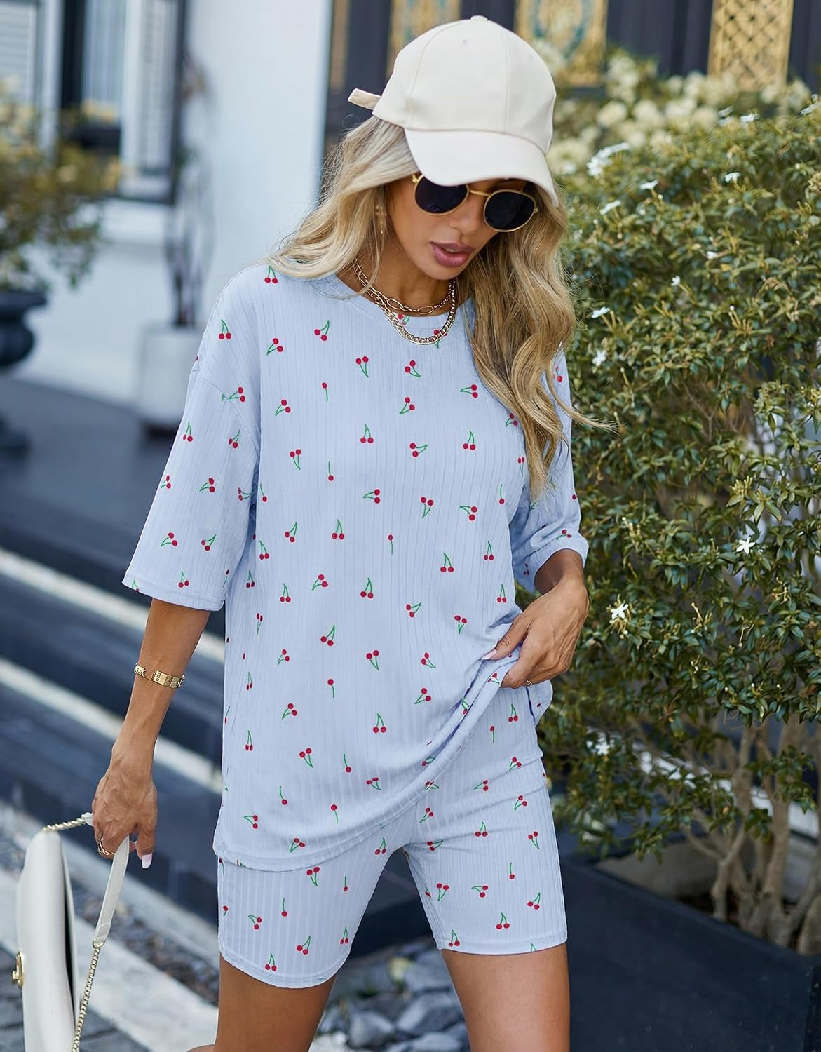 Pajamas 2 Piece Lounge Sets Ribbed Knit Matching Outfits T-Shirt Biker Shorts Sleepwear Loungewear Sweatsuits