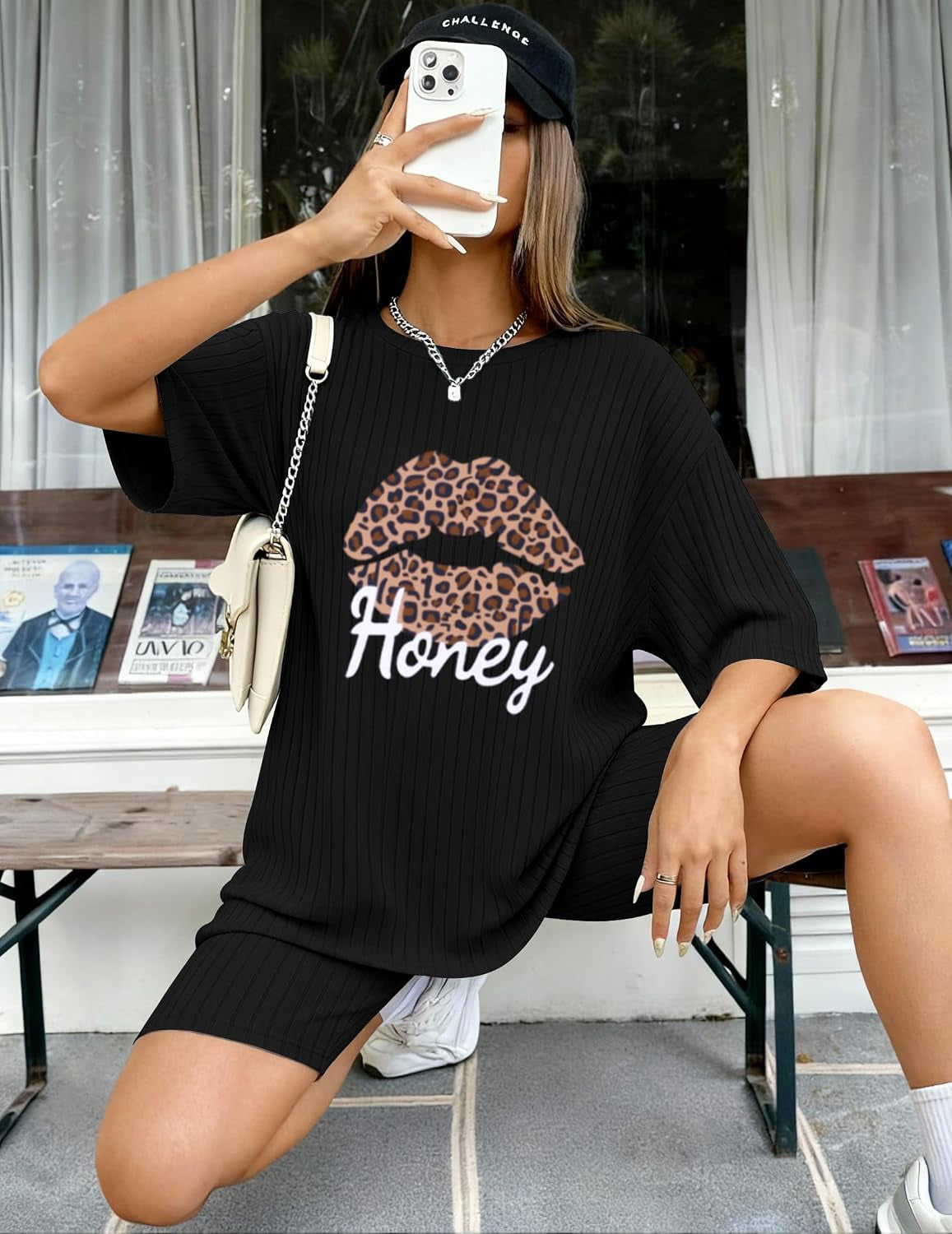 Pajamas 2 Piece Lounge Sets Ribbed Knit Matching Outfits T-Shirt Biker Shorts Sleepwear Loungewear Sweatsuits