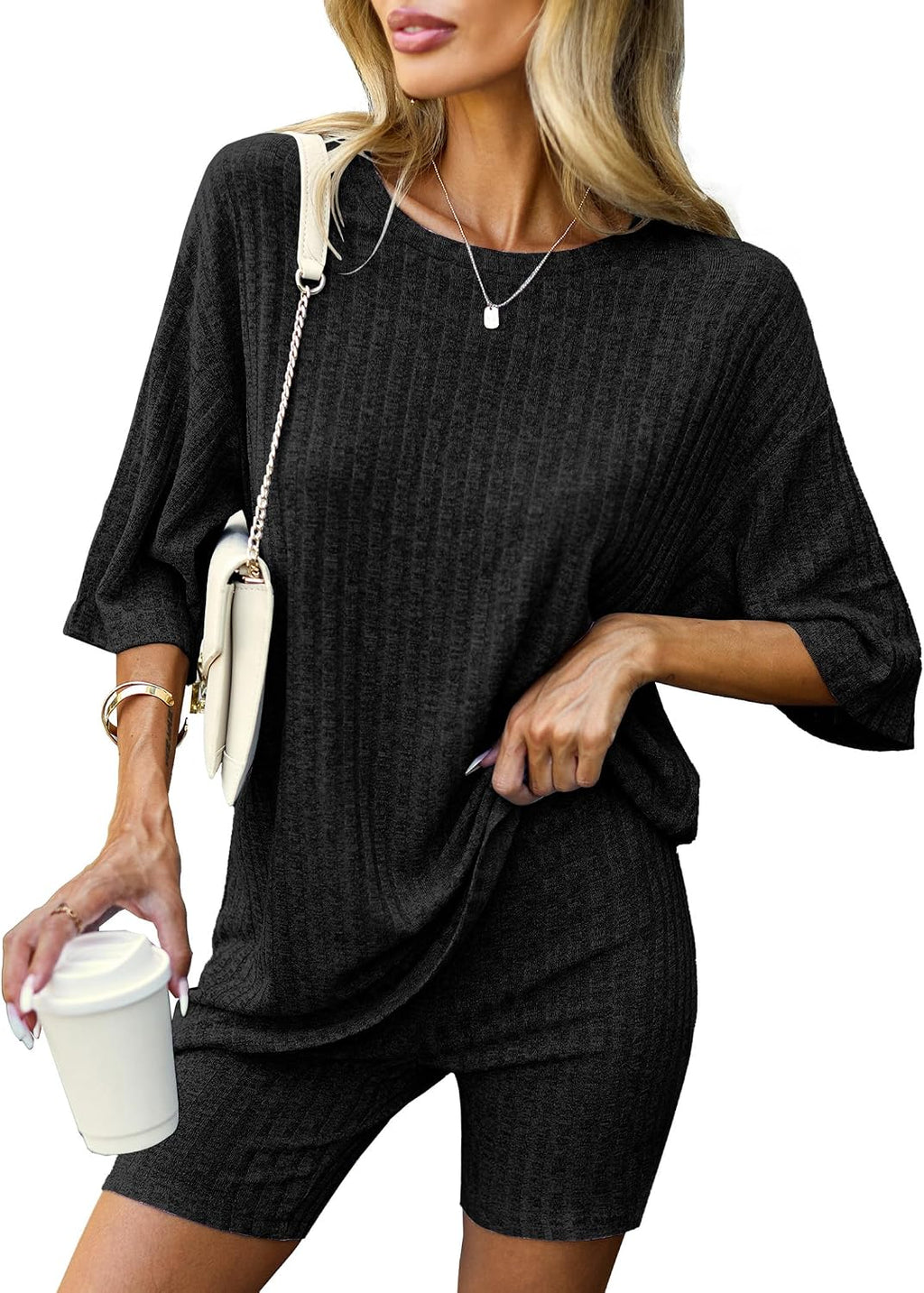 Pajamas 2 Piece Lounge Sets Ribbed Knit Matching Outfits T-Shirt Biker Shorts Sleepwear Loungewear Sweatsuits