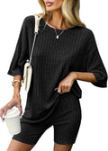 Pajamas 2 Piece Lounge Sets Ribbed Knit Matching Outfits T-Shirt Biker Shorts Sleepwear Loungewear Sweatsuits