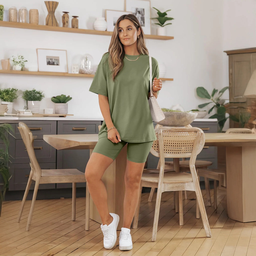 2 Piece Outfit for Women Lounge Sets Oversized Tshirts Matching Biker Short Summer Clothing, Sizes S-2XL