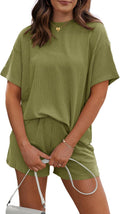 Women'S 2 Piece Sets Short Sleeve Outfits Ribbed Textured Knit Lounge Shorts Set Oversized Tracksuit Matching Sets