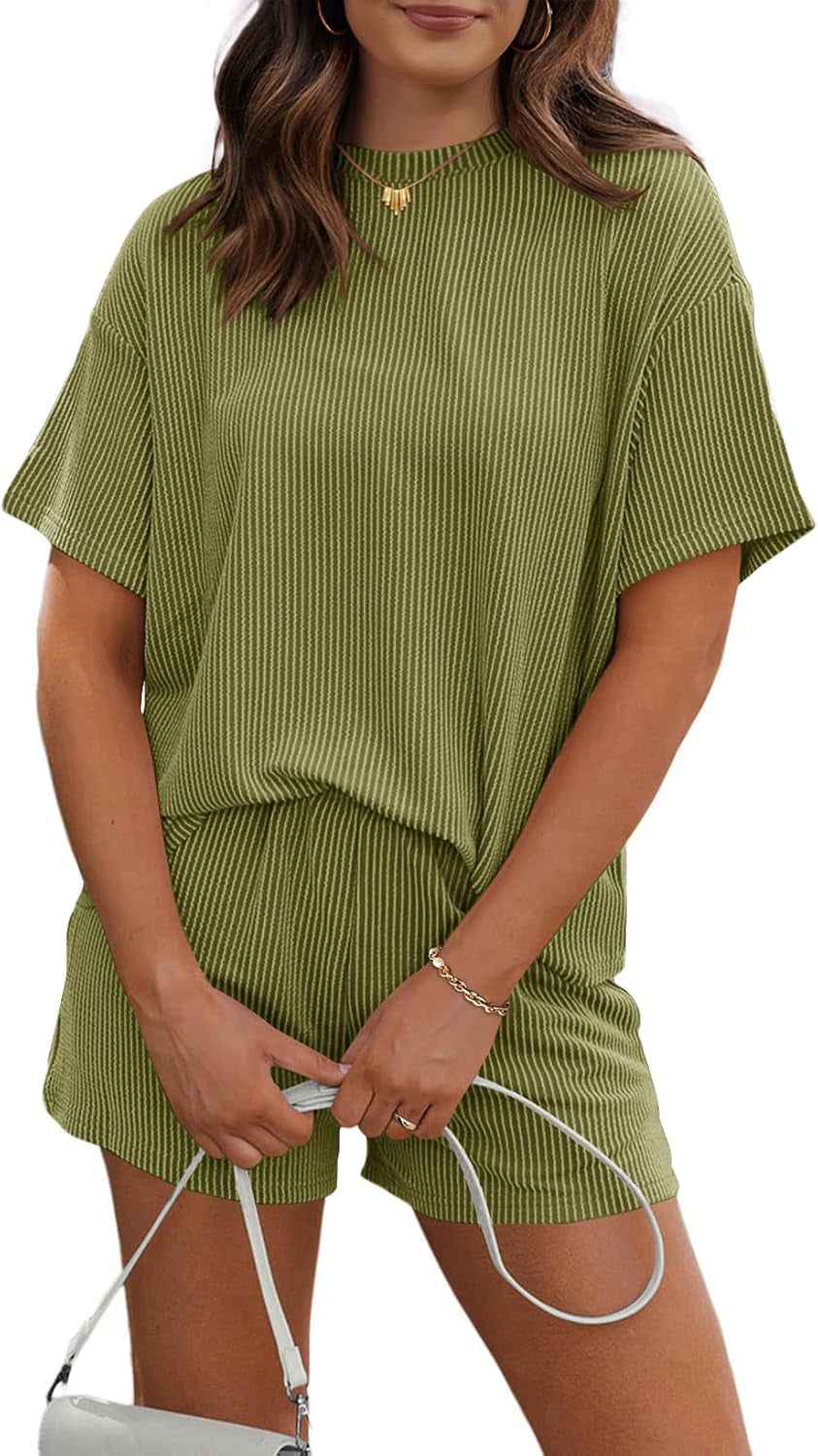 Women'S 2 Piece Sets Short Sleeve Outfits Ribbed Textured Knit Lounge Shorts Set Oversized Tracksuit Matching Sets