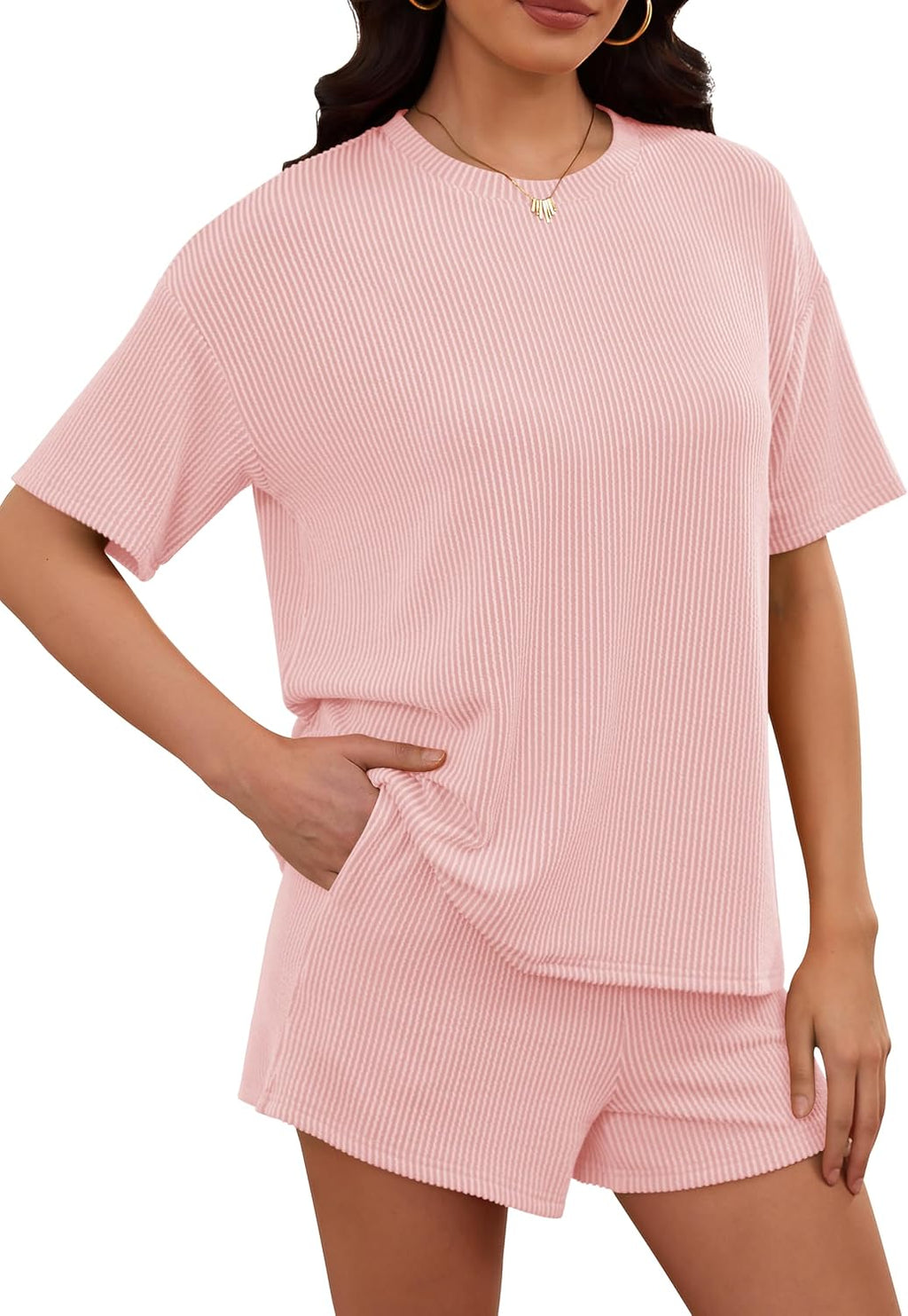 Women'S 2 Piece Sets Short Sleeve Outfits Ribbed Textured Knit Lounge Shorts Set Oversized Tracksuit Matching Sets