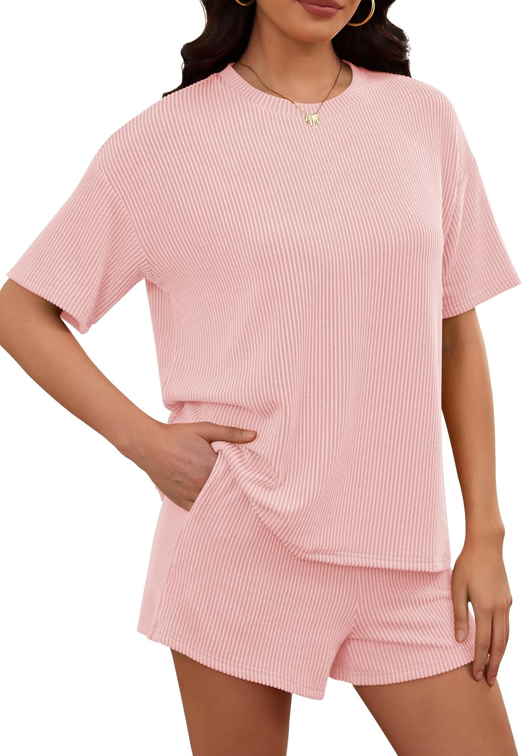 Women'S 2 Piece Sets Short Sleeve Outfits Ribbed Textured Knit Lounge Shorts Set Oversized Tracksuit Matching Sets