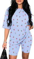 Pajamas 2 Piece Lounge Sets Ribbed Knit Matching Outfits T-Shirt Biker Shorts Sleepwear Loungewear Sweatsuits