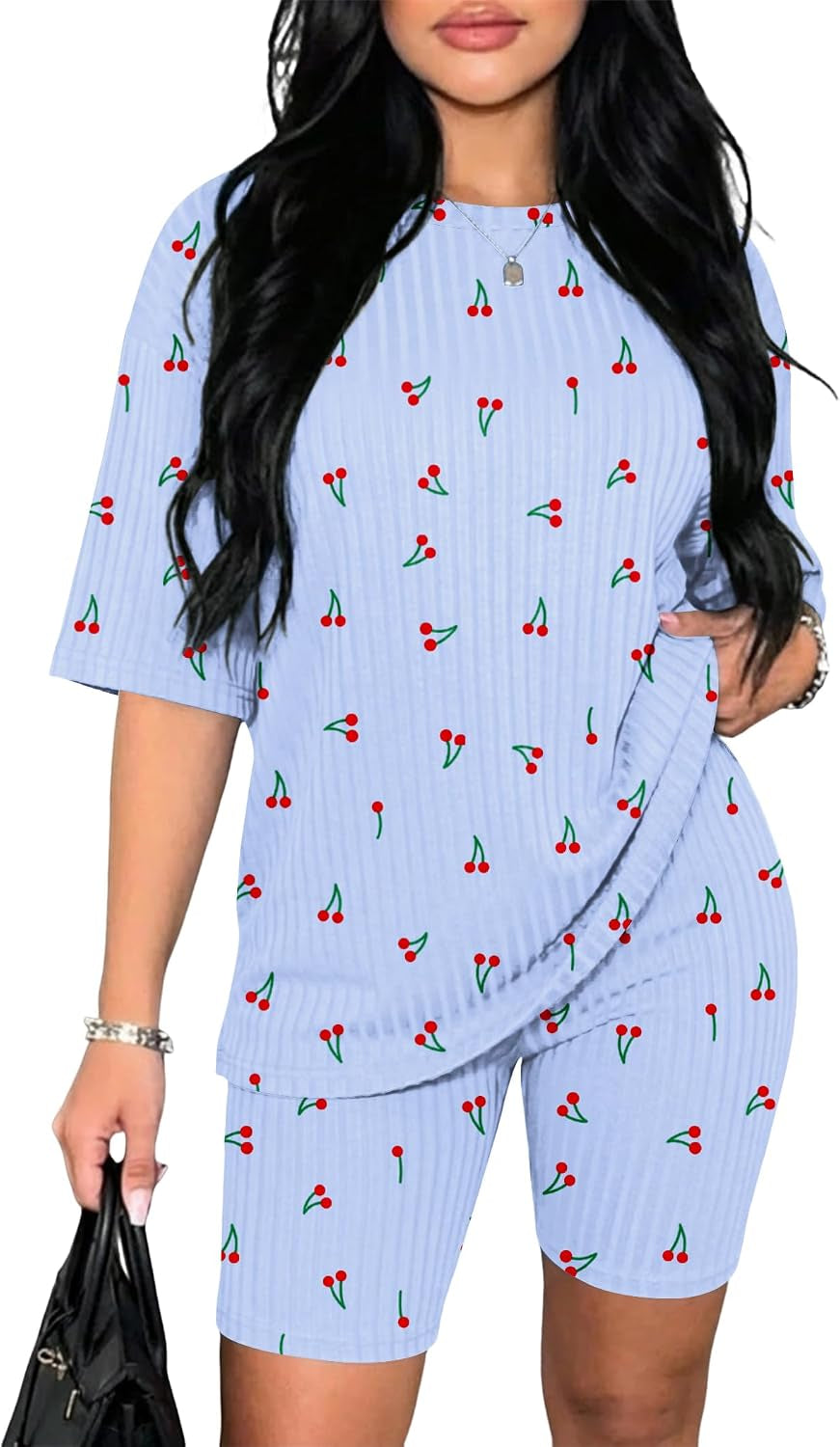 Pajamas 2 Piece Lounge Sets Ribbed Knit Matching Outfits T-Shirt Biker Shorts Sleepwear Loungewear Sweatsuits