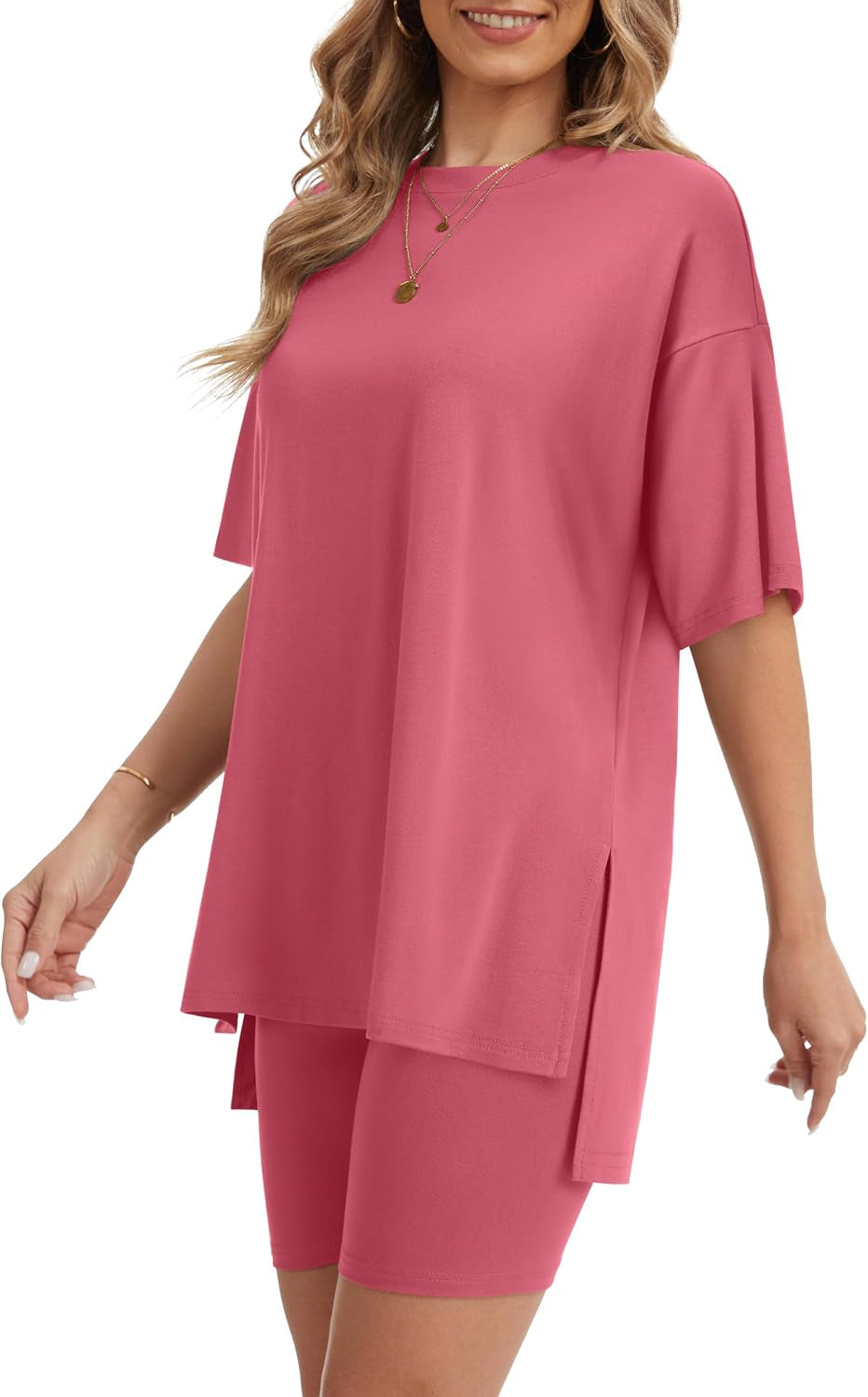 Women'S 2 Piece Lounge Sets 2026 Casual Summer Airport Travel Outfits Oversized Shirts Biker Shorts Matching Clothing