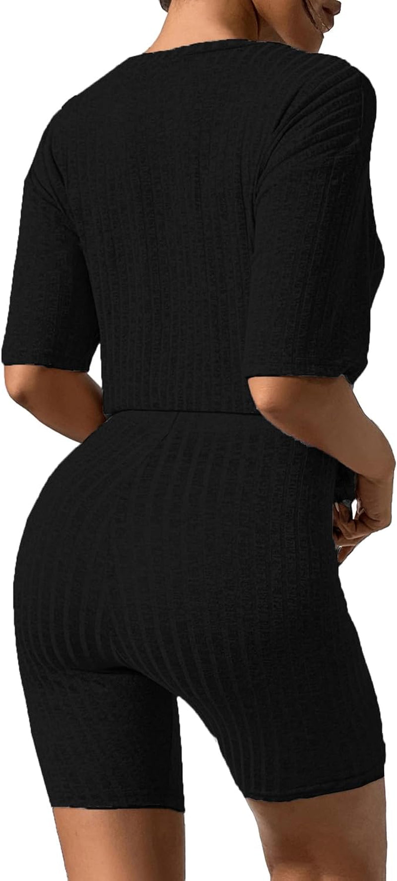Pajamas 2 Piece Lounge Sets Ribbed Knit Matching Outfits T-Shirt Biker Shorts Sleepwear Loungewear Sweatsuits