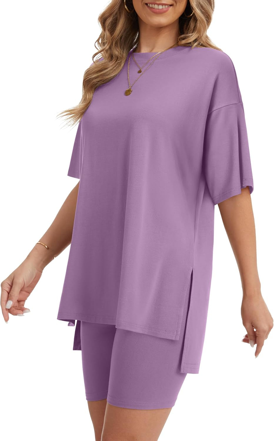 Women'S 2 Piece Lounge Sets 2026 Casual Summer Airport Travel Outfits Oversized Shirts Biker Shorts Matching Clothing