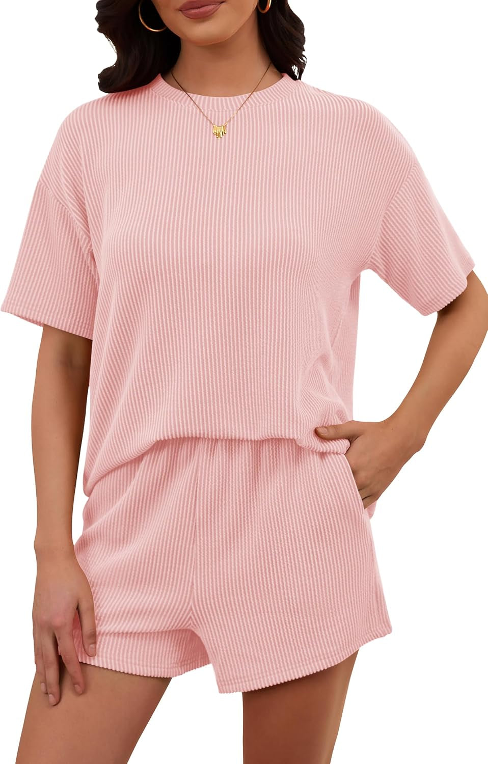 Women'S 2 Piece Sets Short Sleeve Outfits Ribbed Textured Knit Lounge Shorts Set Oversized Tracksuit Matching Sets