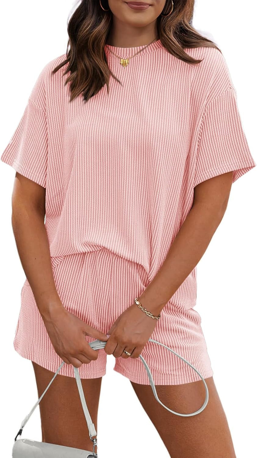 Women'S 2 Piece Sets Short Sleeve Outfits Ribbed Textured Knit Lounge Shorts Set Oversized Tracksuit Matching Sets