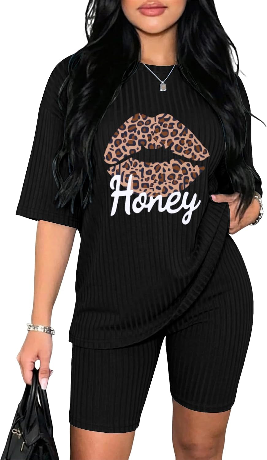Pajamas 2 Piece Lounge Sets Ribbed Knit Matching Outfits T-Shirt Biker Shorts Sleepwear Loungewear Sweatsuits