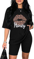 Pajamas 2 Piece Lounge Sets Ribbed Knit Matching Outfits T-Shirt Biker Shorts Sleepwear Loungewear Sweatsuits