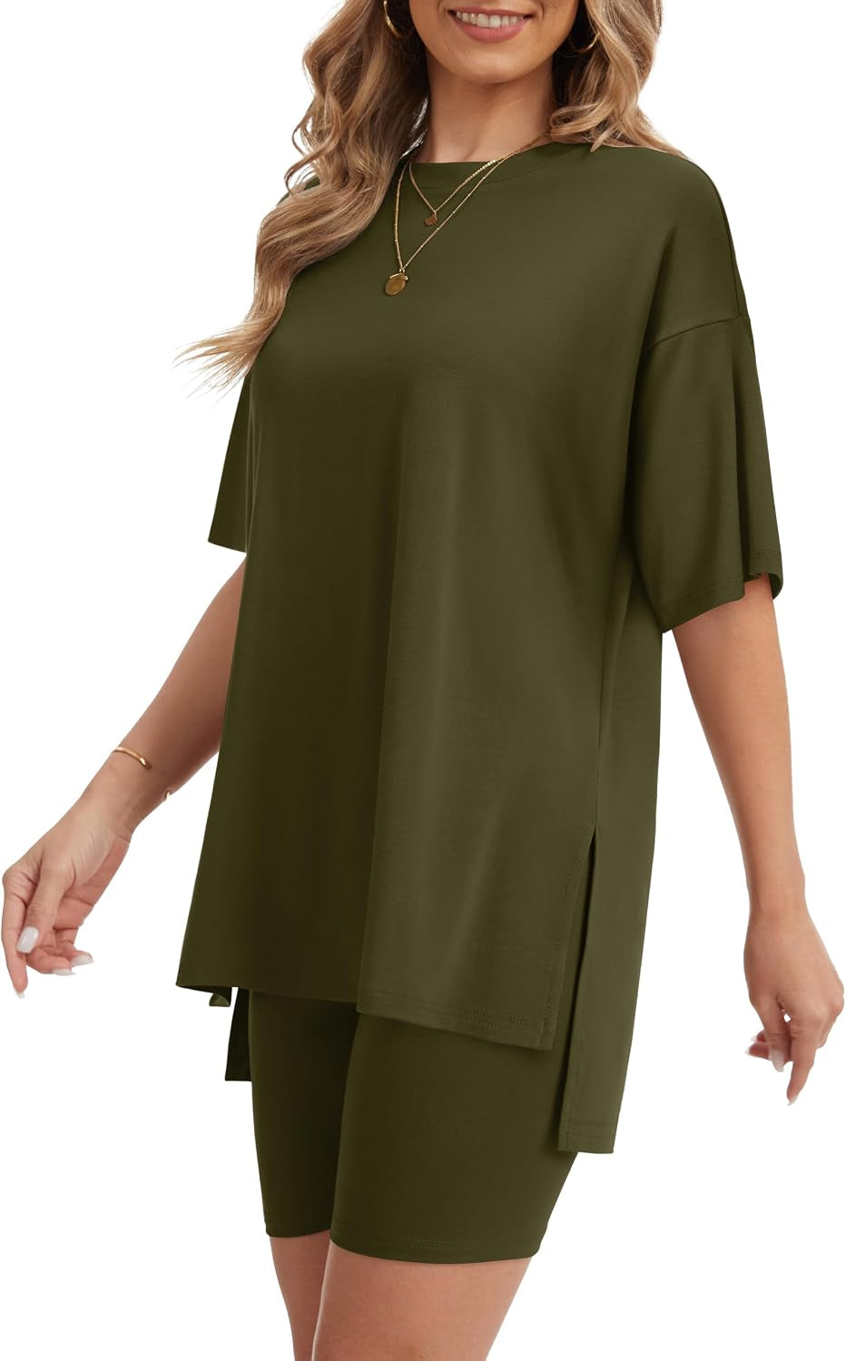 Women'S 2 Piece Lounge Sets 2026 Casual Summer Airport Travel Outfits Oversized Shirts Biker Shorts Matching Clothing