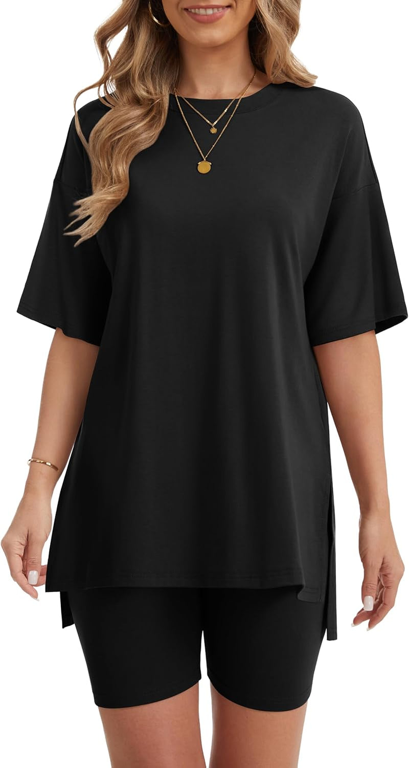 Women'S 2 Piece Lounge Sets 2026 Casual Summer Airport Travel Outfits Oversized Shirts Biker Shorts Matching Clothing